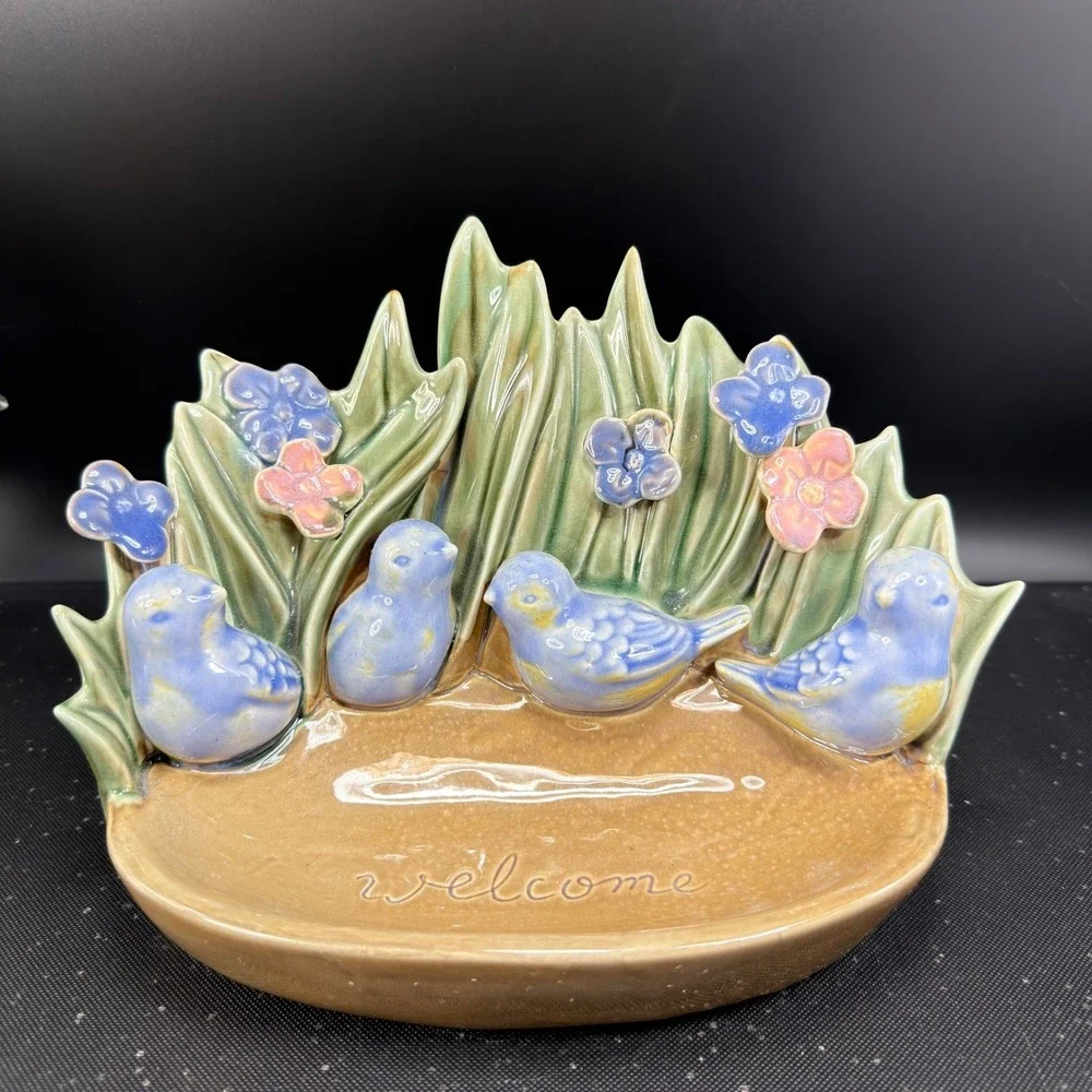 Ceramic Bluebird Welcome Sign Garden Decor Blue‎ Birds Flowers Bowl Dish 9 Inch